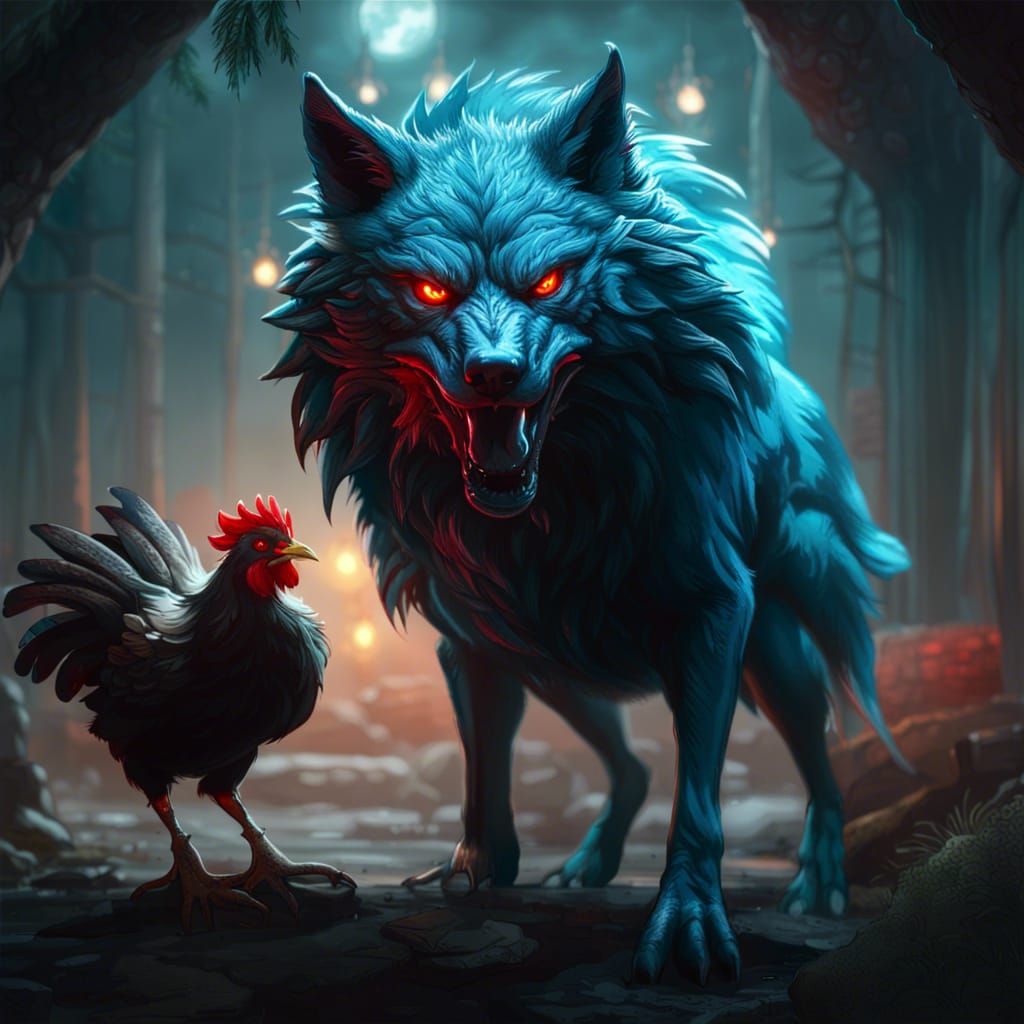 Cyan Wolf Protecting Chicken, Dark Fantasy Art