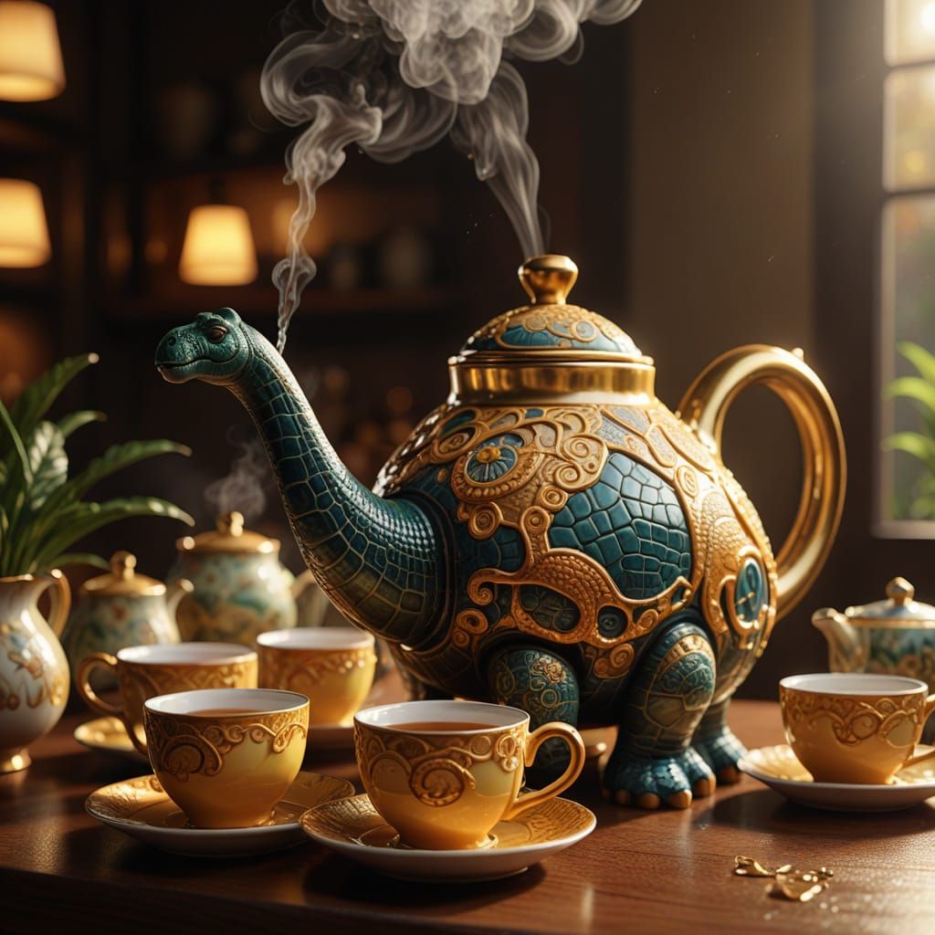 Brontosaurus Teapot Set: A Hyperrealistic Photo