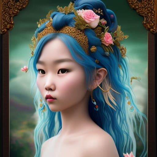 Elegant Hmong Girl with Blue Hair, Fantasy Art