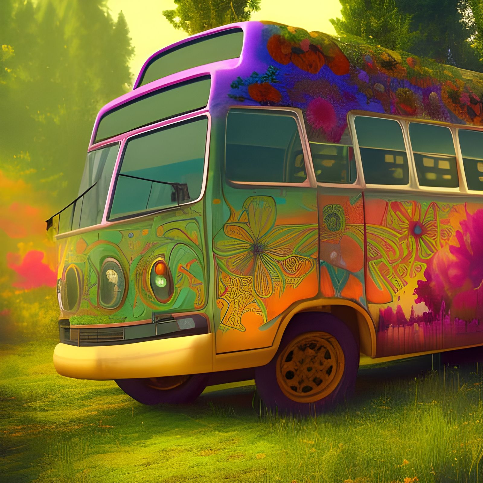 Psychedelic Flower Power Bus: Detailed Matte Painting