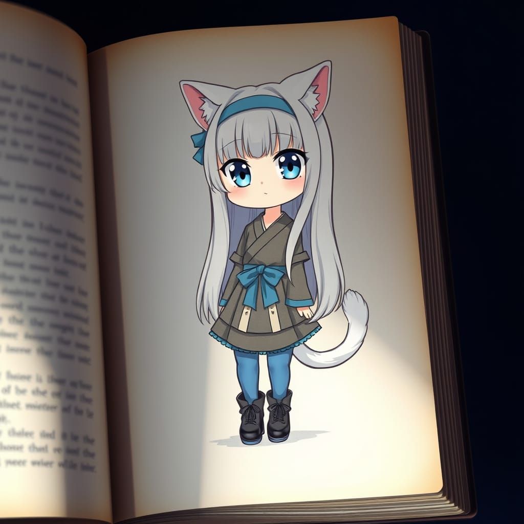 Kawaii Catgirl in Vintage Book Page