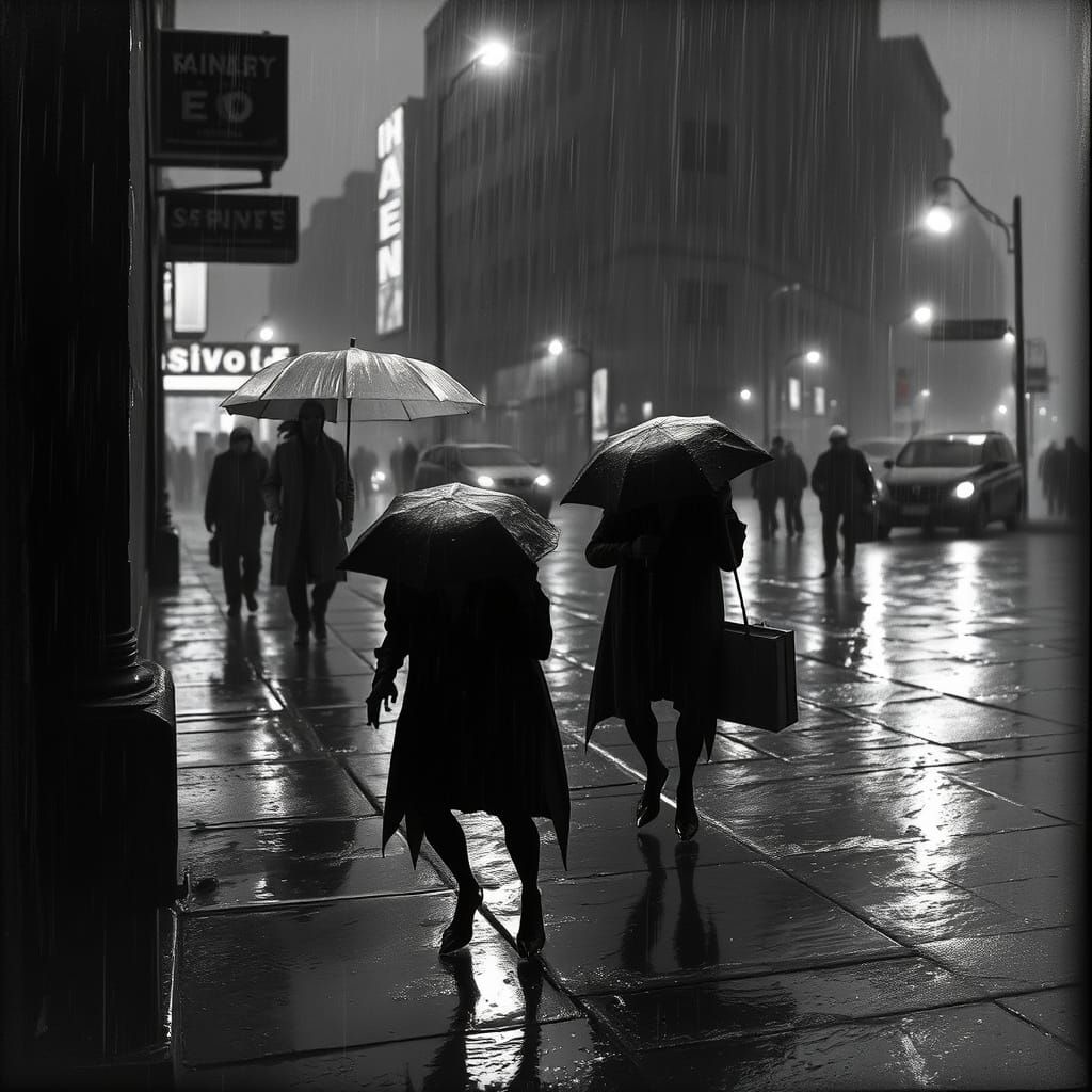 Film Noir Mantises in Rainy Cityscape