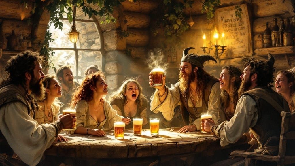 Medieval Tavern Scene: Merrymakers Laughing, Crying, and Toa...