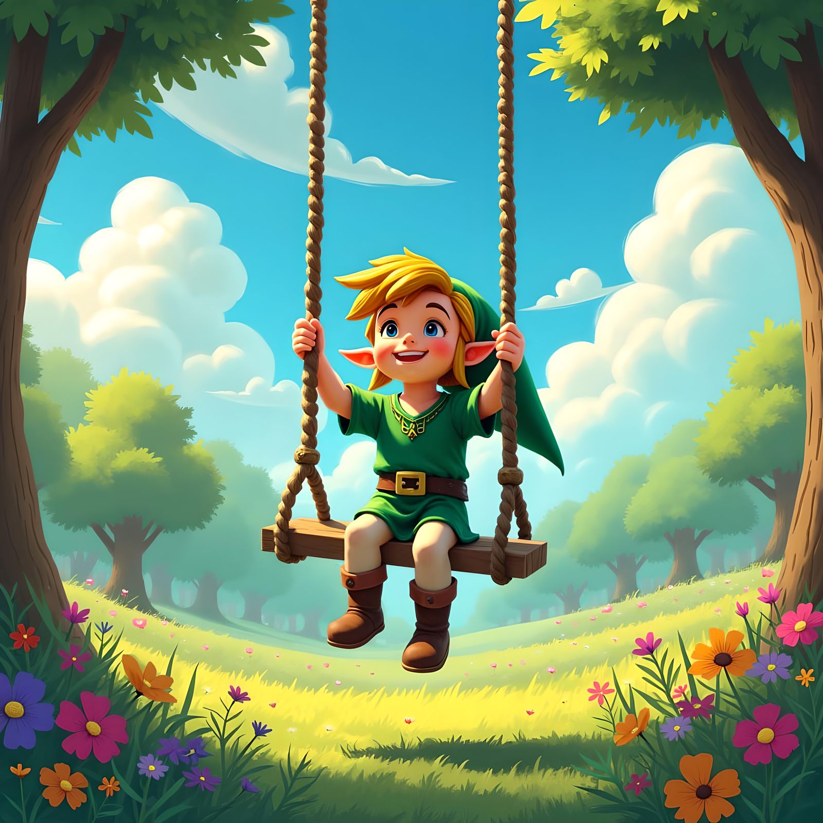 Happy Cartoon Character on Swings in Park