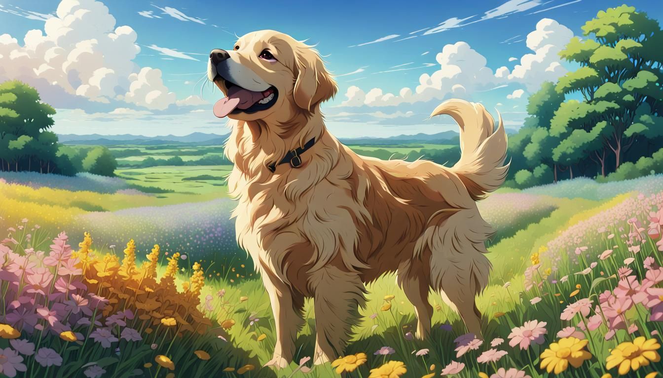 Happy Golden Retriever in Flower Meadow, Ghibli Style