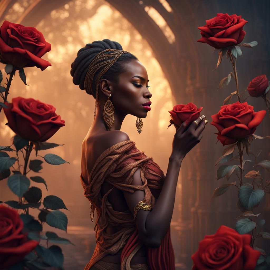African Lady Smelling a Rose: Detailed Matte Painting