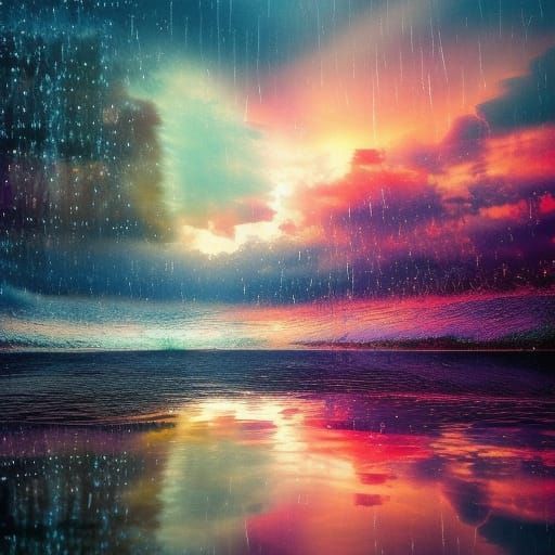 Rainy Sunset Waterfall Wonderland in Digital Watercolor