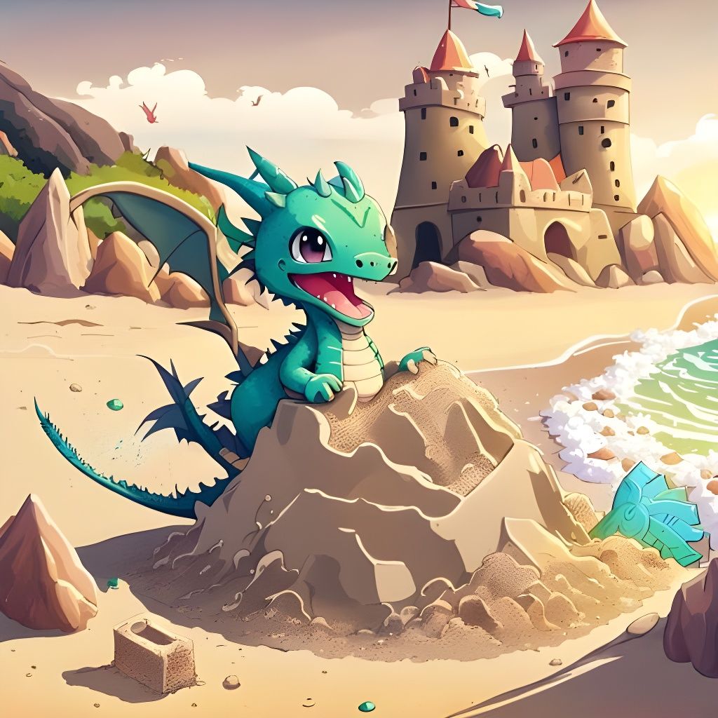 Chibi Dragon Builds Sandcastles on the Beach