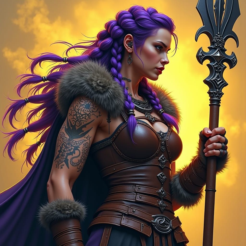 Female Barbarian Warrior with Spear and Purple Hair