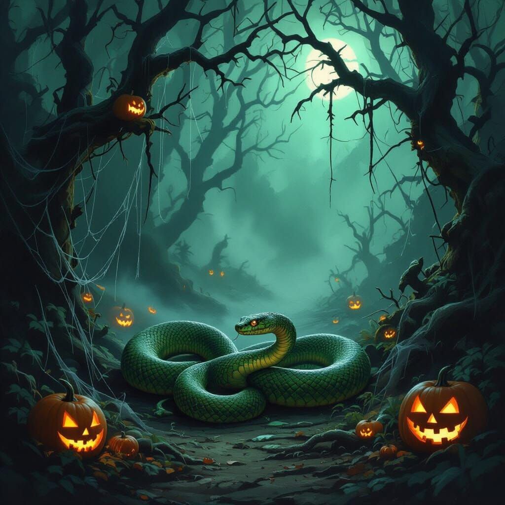 Emerald Serpent in Dark Fantasy Halloween Night