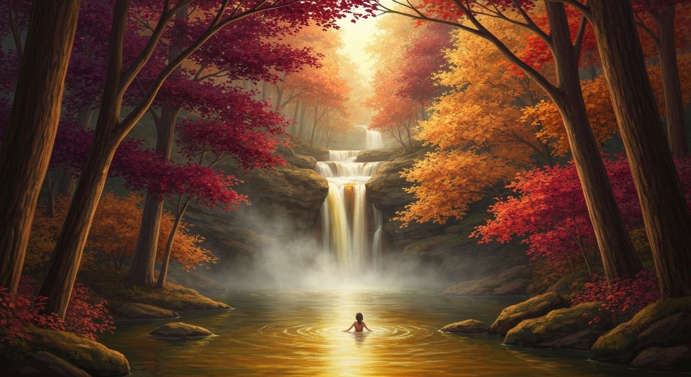 Golden Autumn Waterfall with Swimmer in Luminous Forest