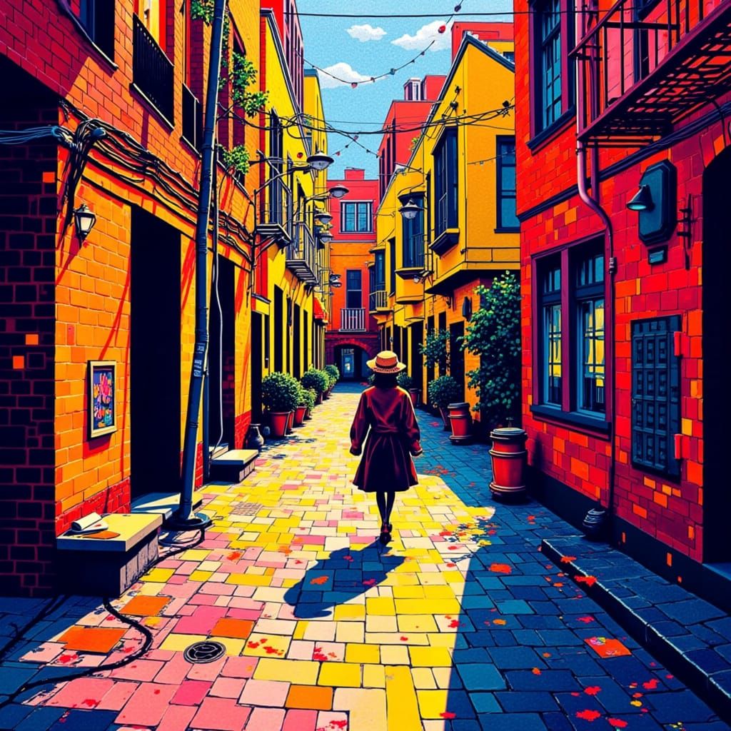 Digital Cubism Street Scene with Geometric Mosaic