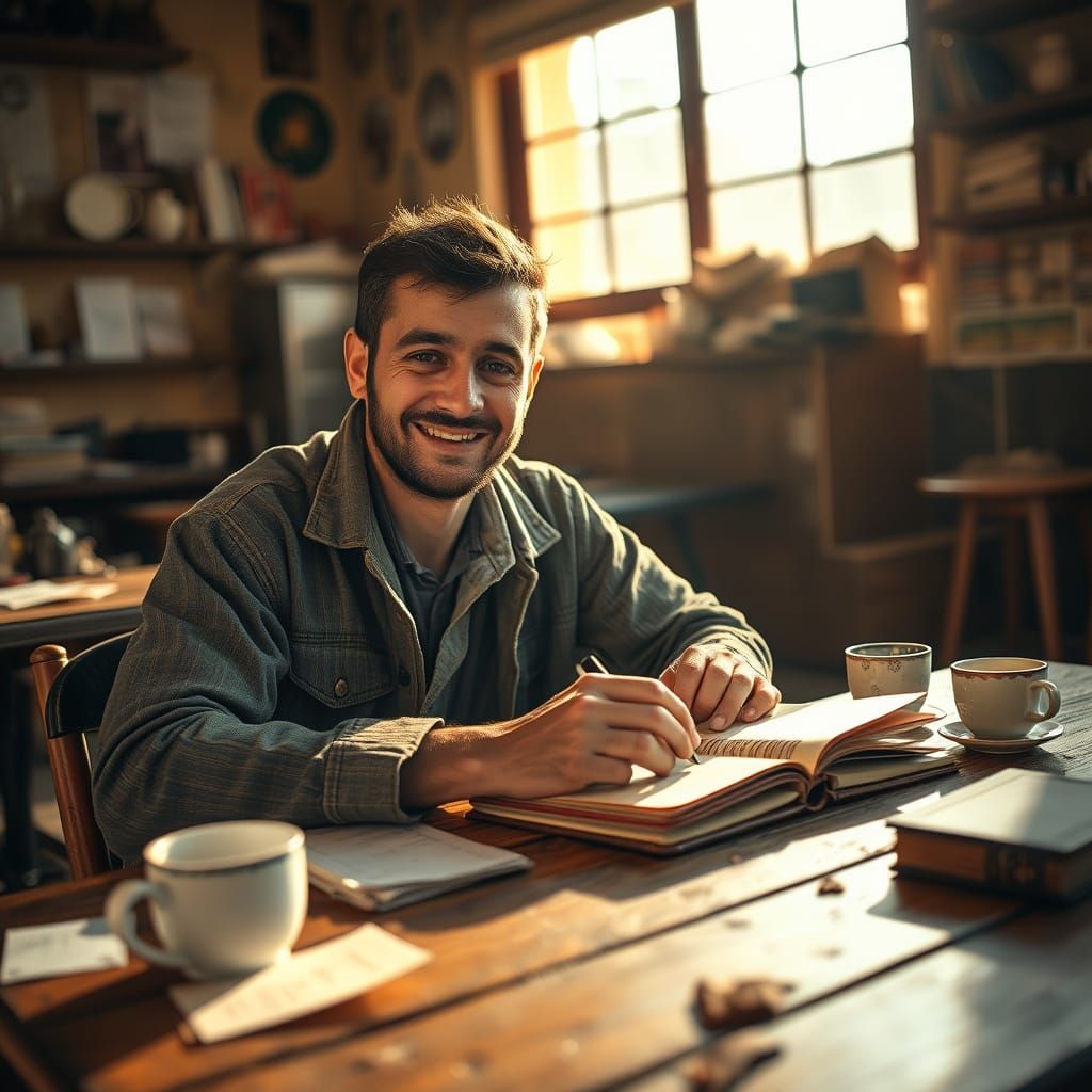 A Young Man Writes in a Sun-Drenched Cafe