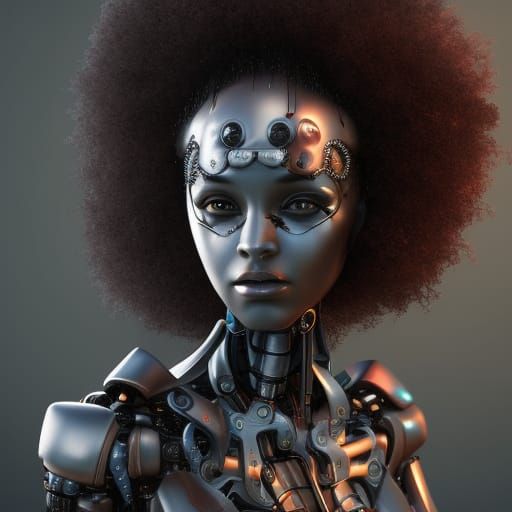 Robot Woman with Afro: Detailed Fantasy Art