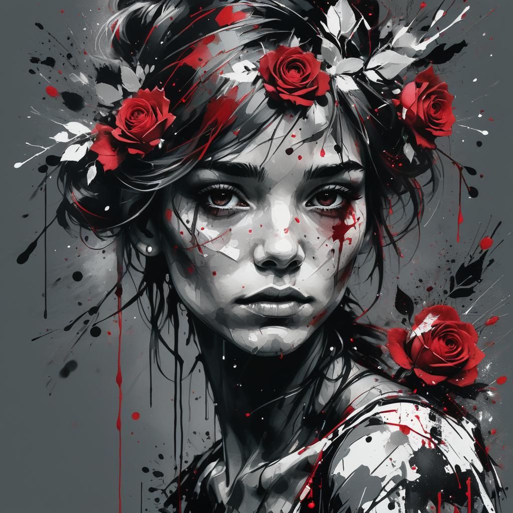 Hyperrealistic Ink Splatter Portrait with Roses