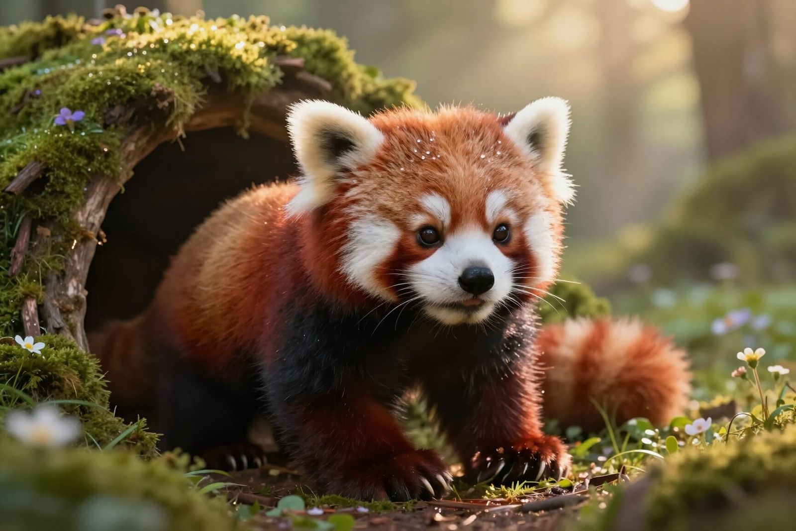 Baby Red Panda Wakes in Golden Forest Light