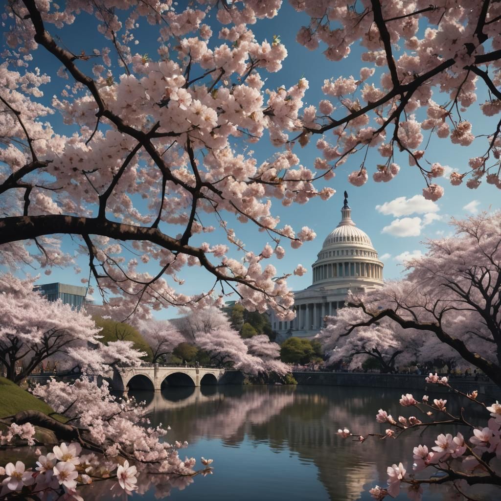 Washington DC Cherry Blossoms: Detailed Matte Painting