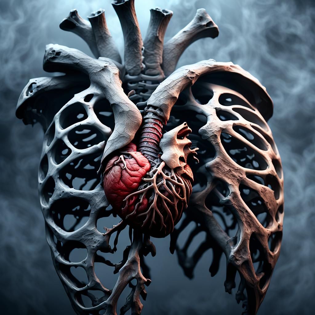 Rib Cage of Bones Surrounds a Human Heart