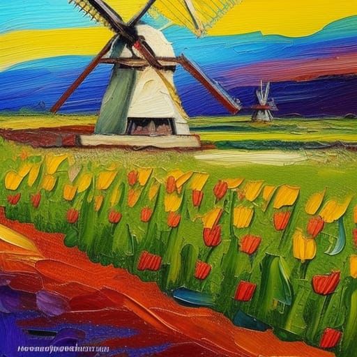 Dutch Windmill and Tulips