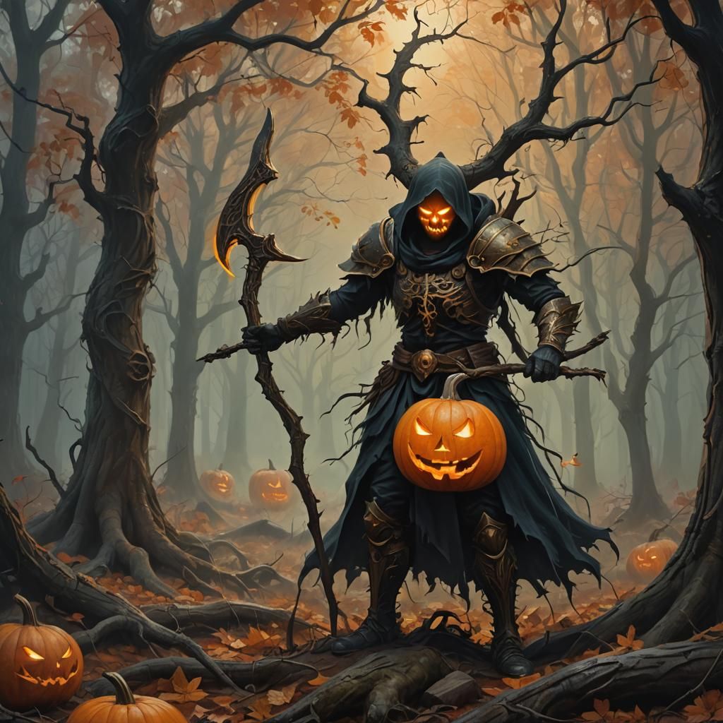 Pumpkin Warrior in Misty Forest: Dark Fantasy Art