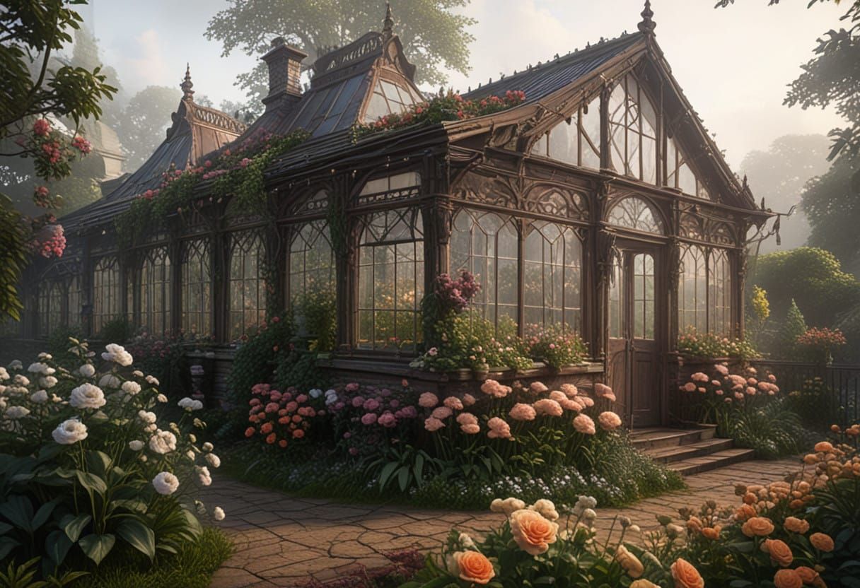 Ethereal Victorian Greenhouse Fantasy in Digital Art