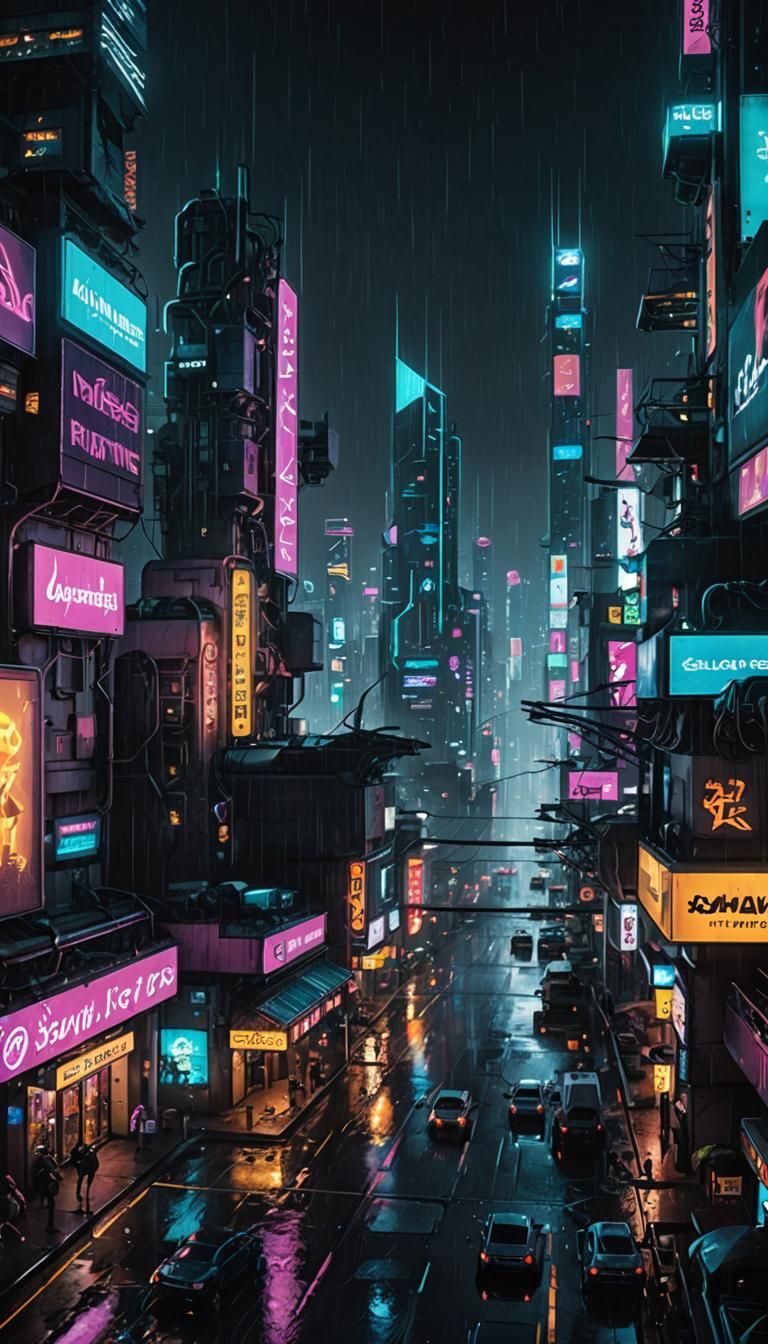Cyberpunk Dystopian Cityscape with Flying Vehicles at Night