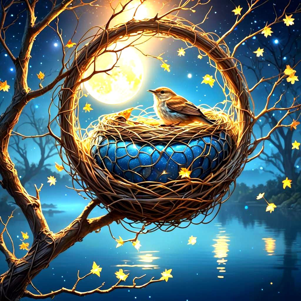 Nightingale Bird Sleeping Peacefully on Flowers: Fantasy Art