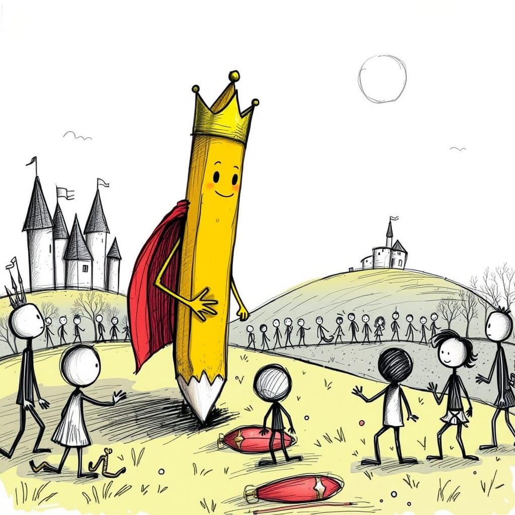 Anthropomorphic Pencil King Rules Whimsical Kingdom in Story...
