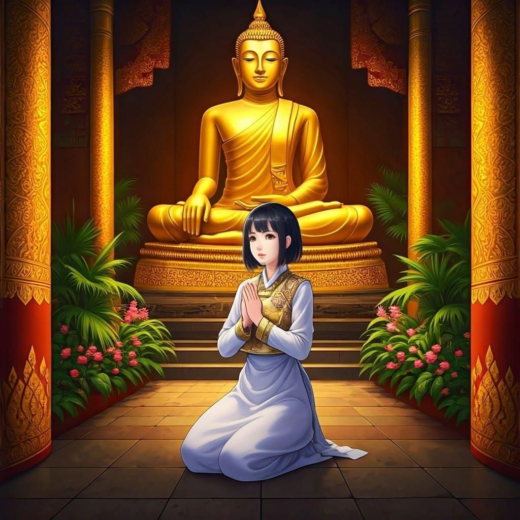 Anime Woman Praying at Thailand Temple