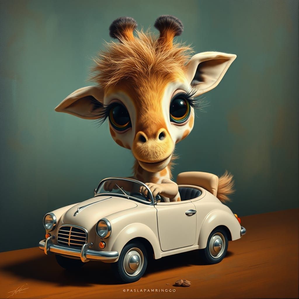 Surreal Chibi Giraffe in Melting Automotive Dreamland