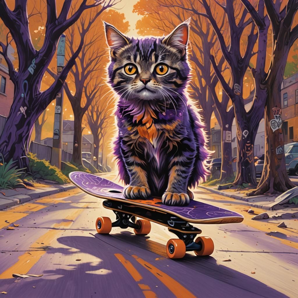 Kitten's Perilous Skateboard Ride: Surreal Collage Art
