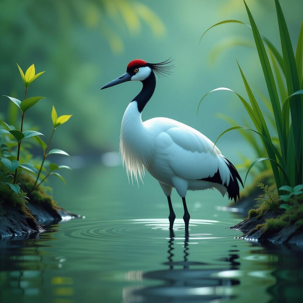 Chibi Crane in Water, Photorealistic Detail