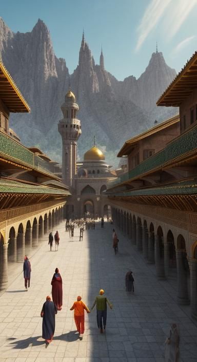 Happy Family Walks to Mosque: Islamic Concept Art