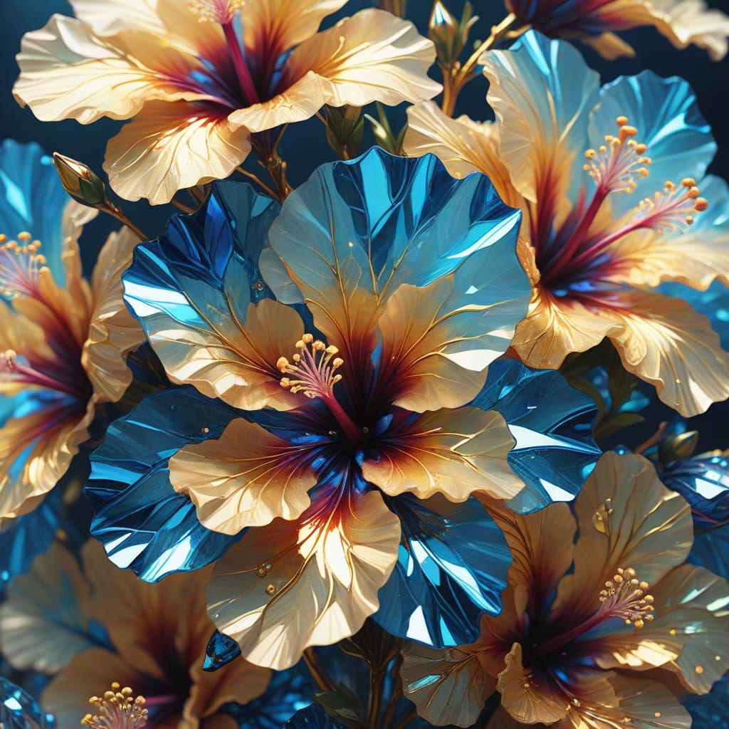 Blue Crystal Hibiscus Flowers in Sci-Fi Style