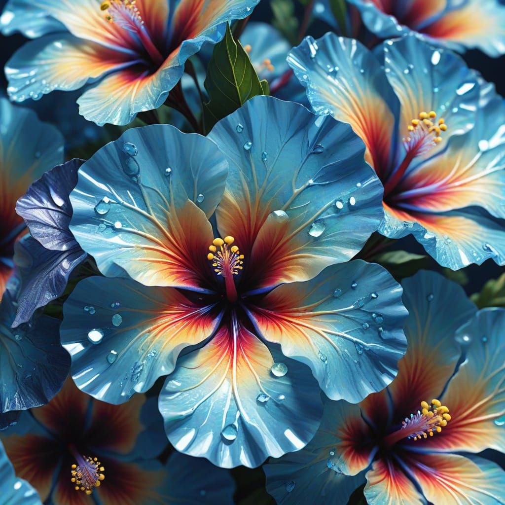 Futuristic Blue Hibiscus Flowers in Digital Art