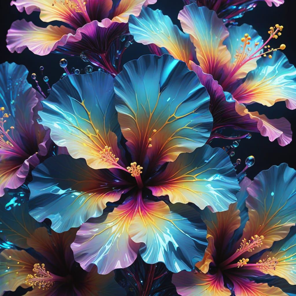 Bioluminescent Blue Crystal Hibiscus Flowers in Digital Art