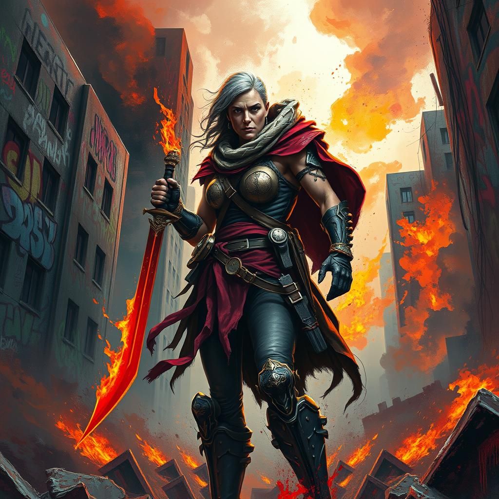 Fierce Female Warrior in Urban Inferno Digital Art