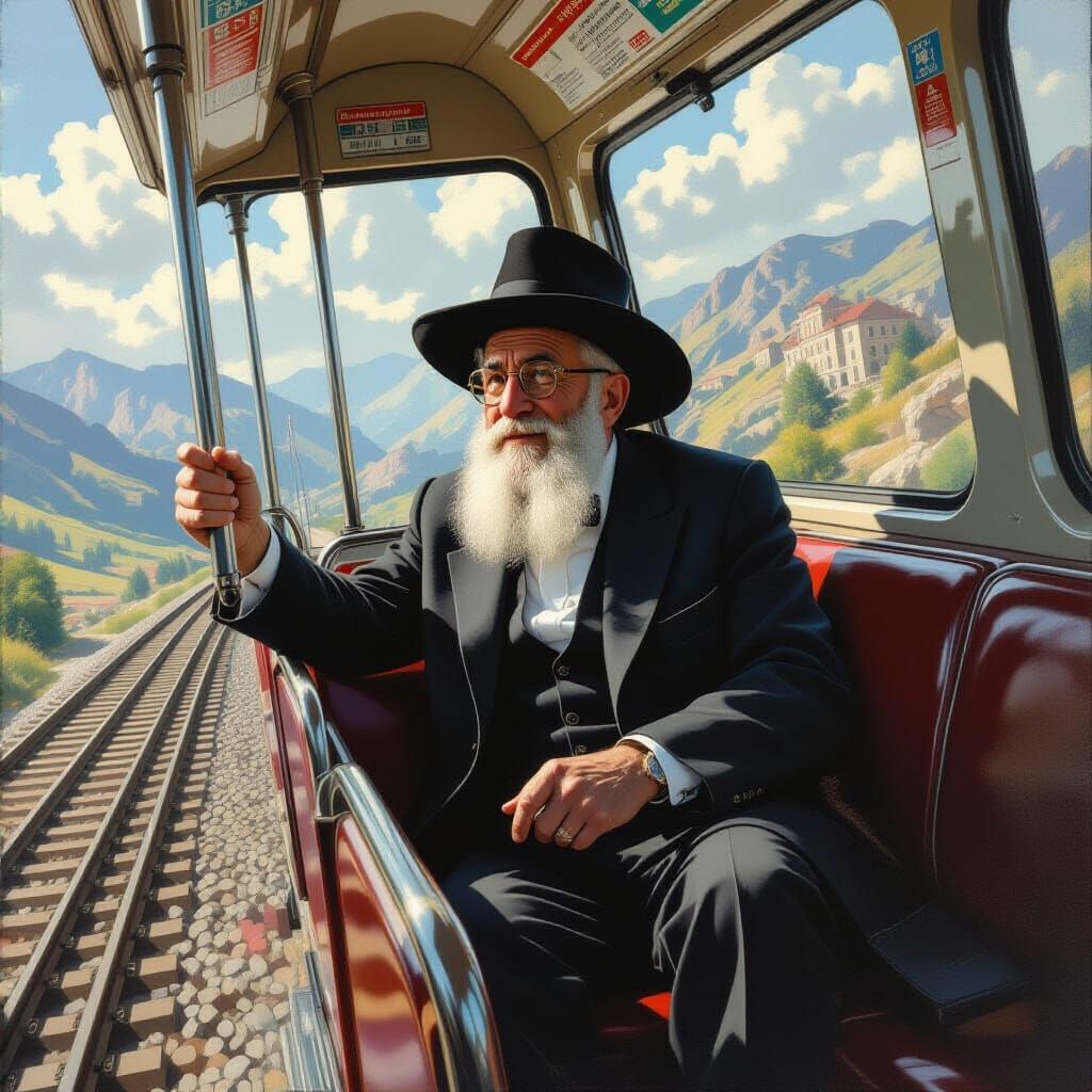 Hasidic Man on Roller Coaster, Detailed Matte Painting