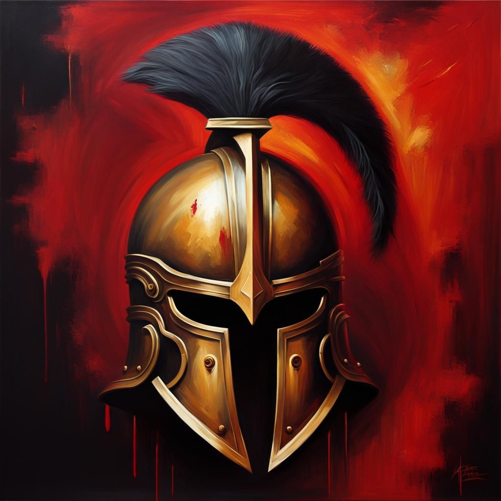Gold Spartan Helmet in Dark Fantasy Oil Painting