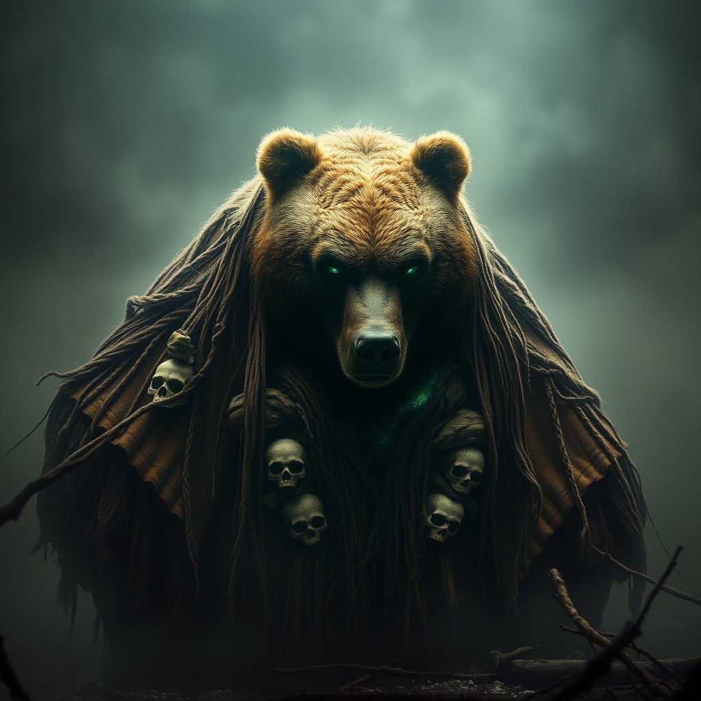 Bear Shaman Emerges from Misty Swamp in Cinematic Style