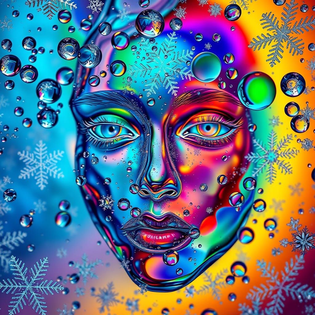 Ethereal Face in Vibrant Water Droplets