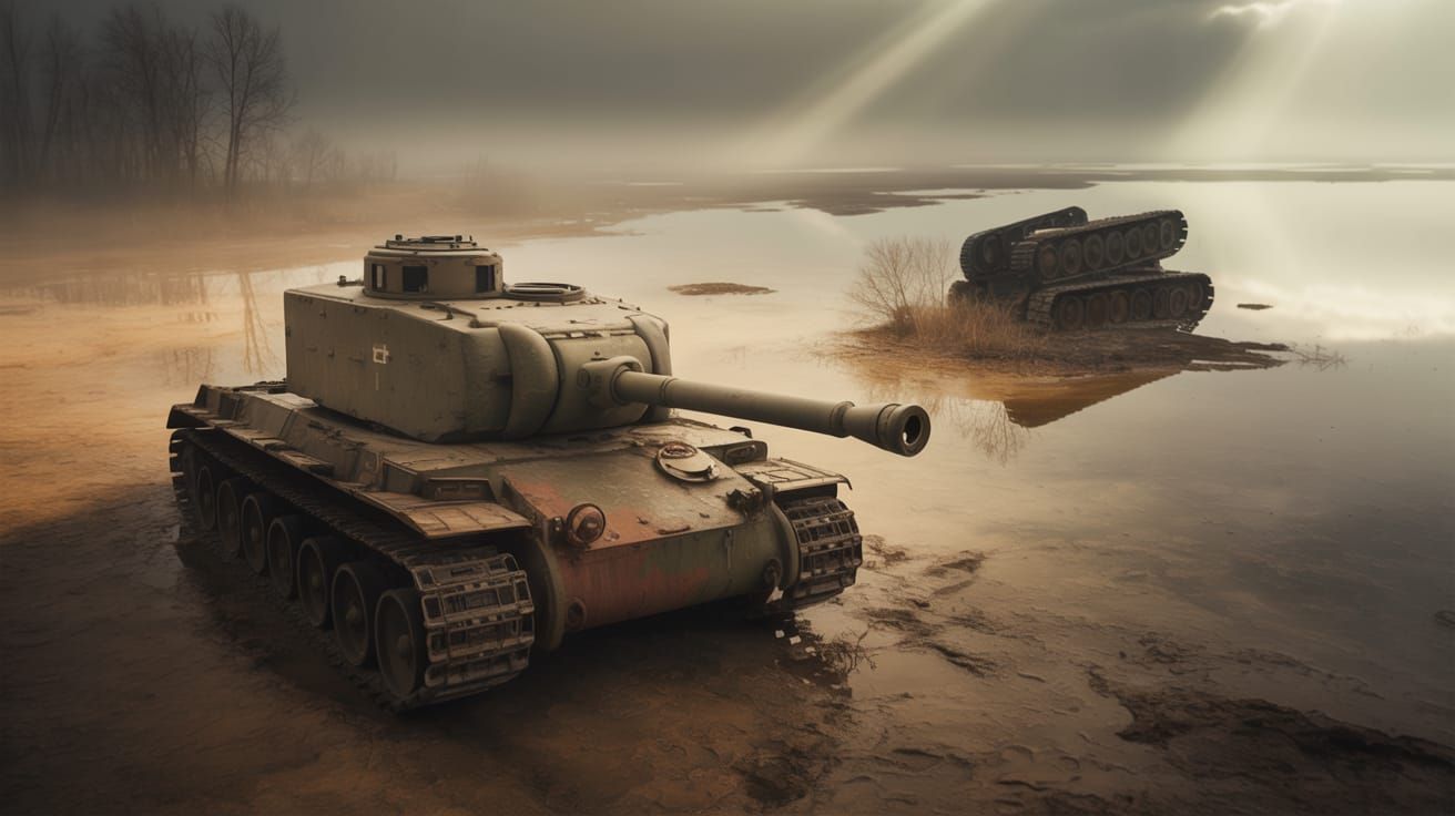 Abandoned Tank in Foggy, Desolate Field