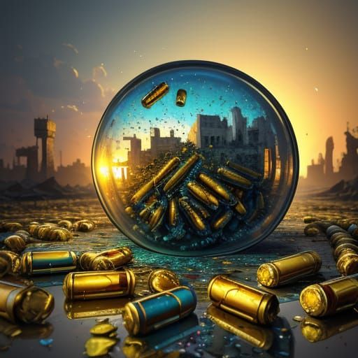 Surreal Oil Painting of Pills in War Zone
