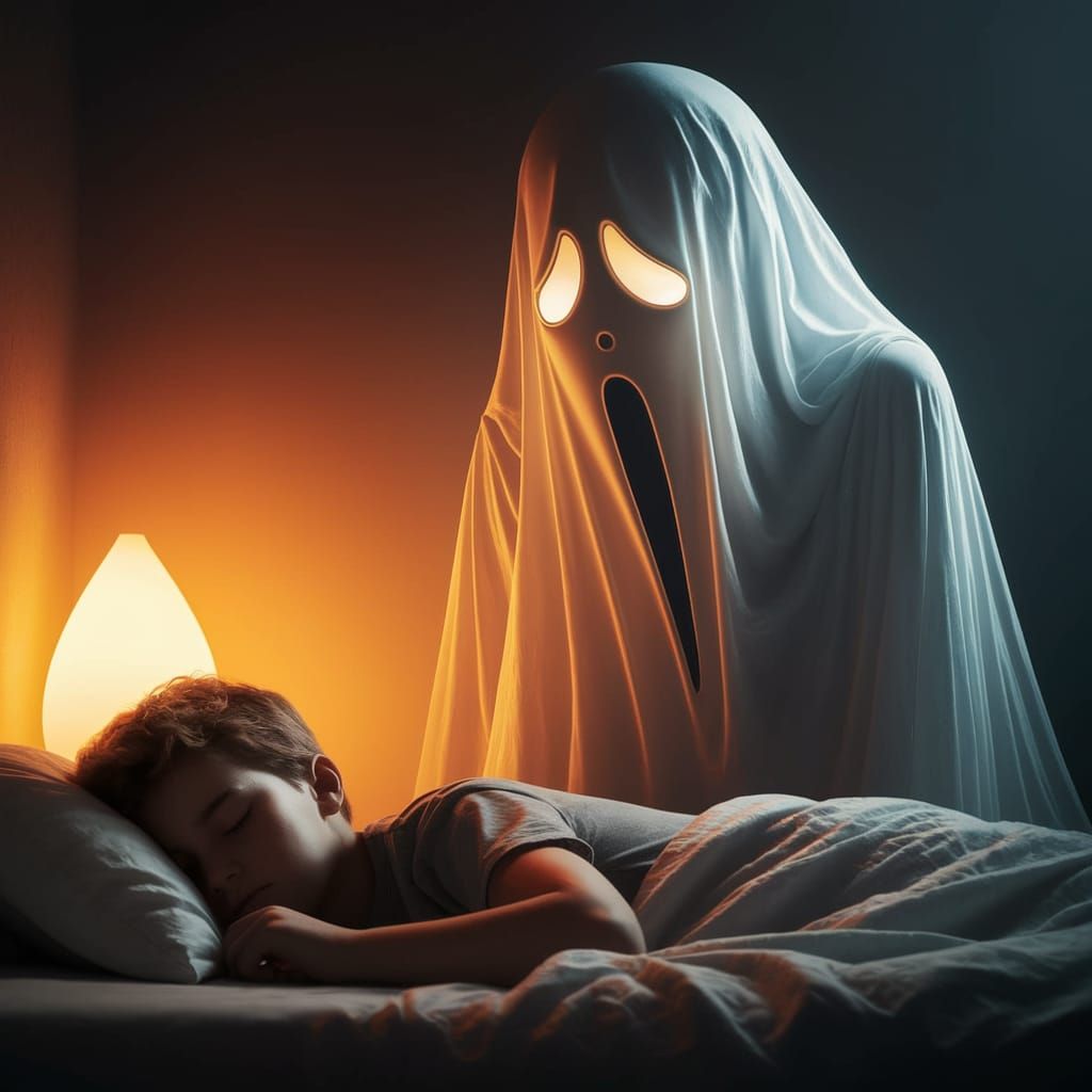 Ghostly Figure Looms Over a Sleeping Boy in a Dimly Lit Bedr...
