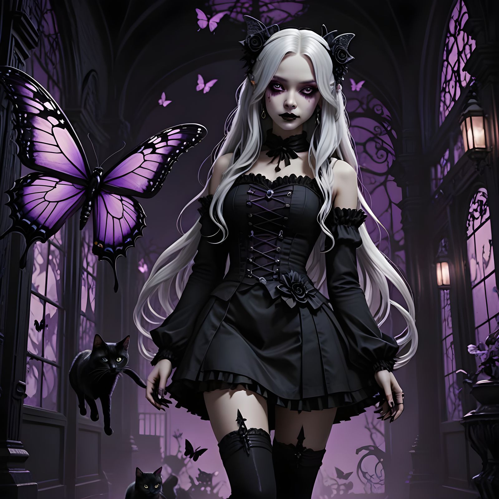 Gothic Princess with White Hair and Fangs in a Neon Purple W...