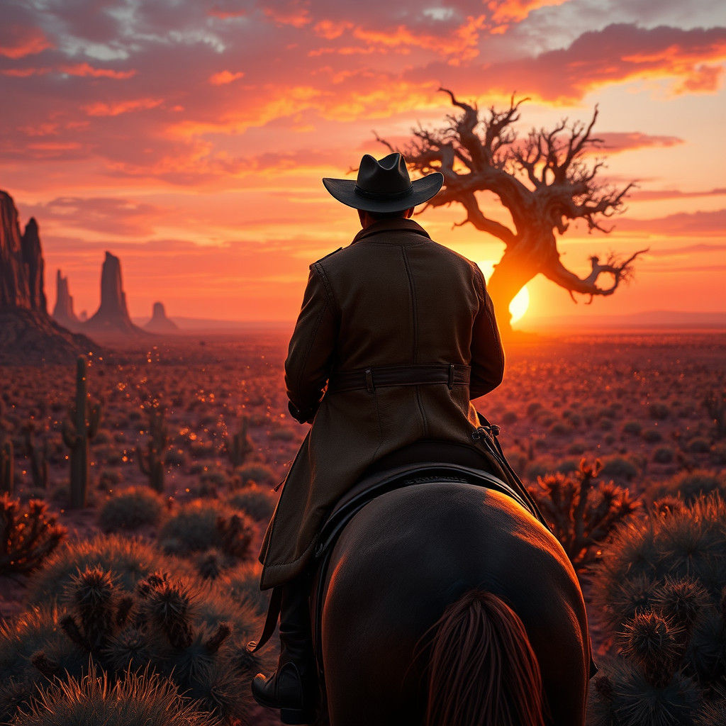 Cowboy Rides into Texan Sunset: Photorealistic Fantasy