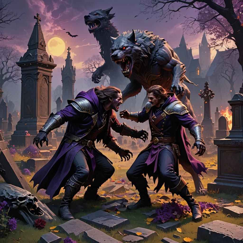 Dire Wolf vs Vampire: Dark Fantasy Graveyard Battle