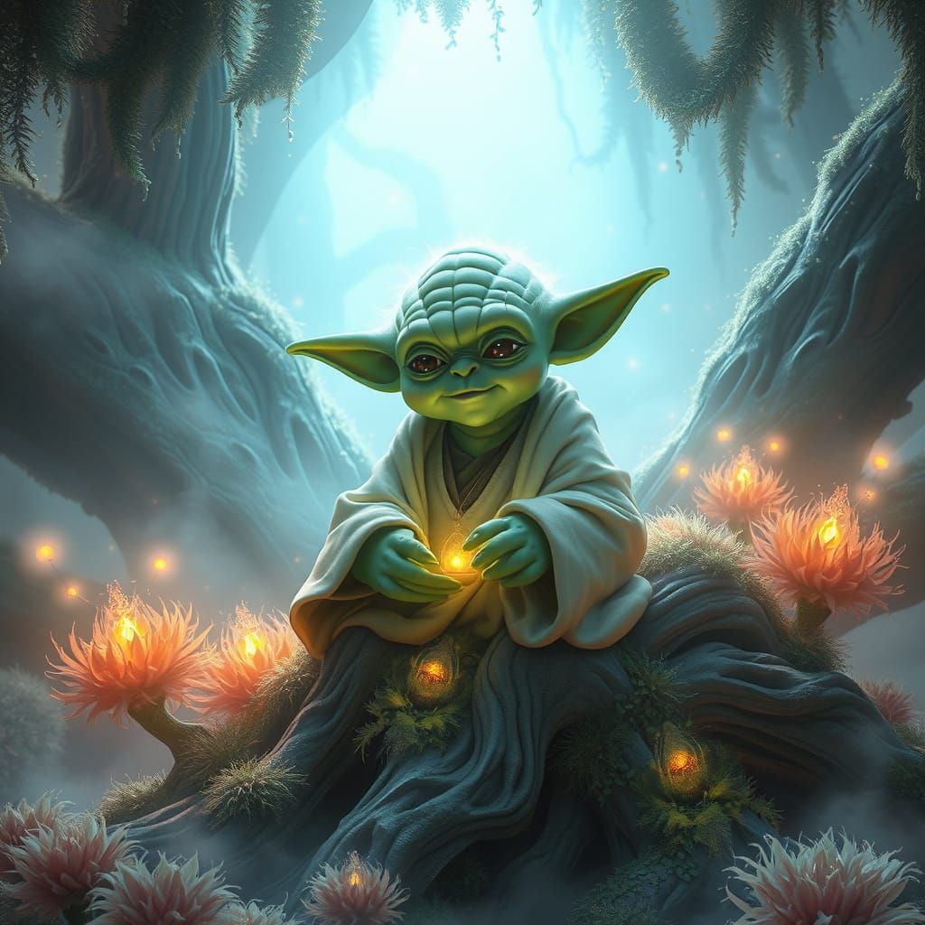 Mystical Yoda in Dreamlike Environment
