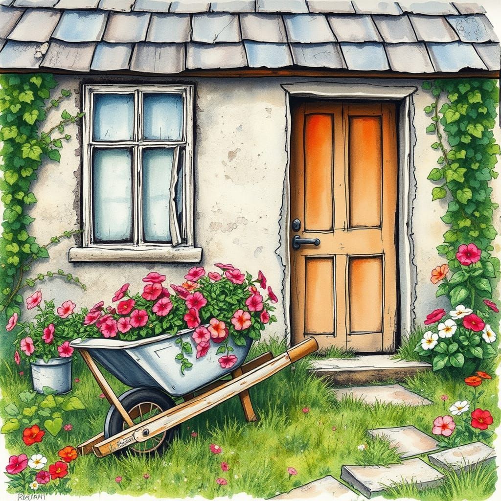 Whimsical Old House Garden Illustration