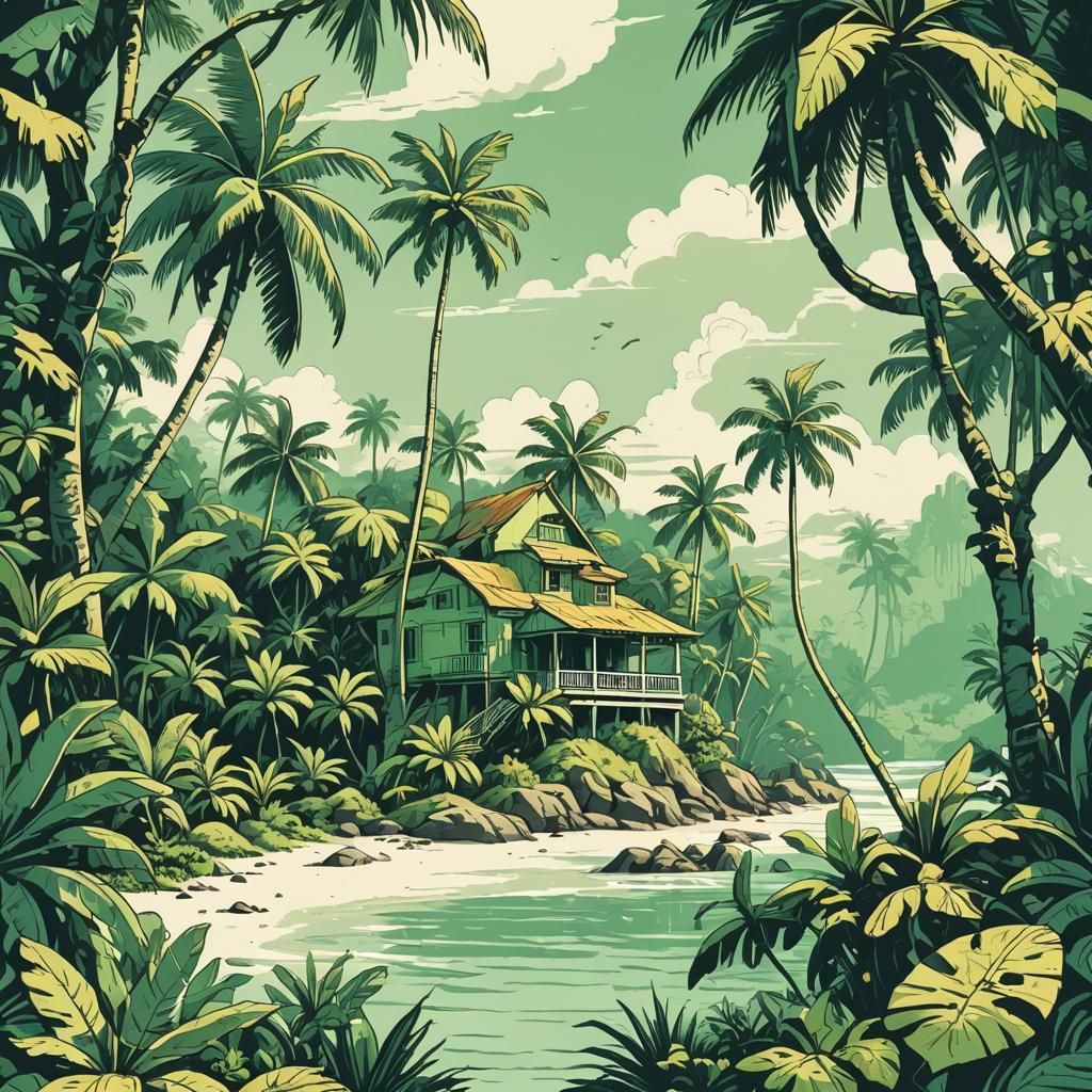 Retro Tropical Island Illustration in Mignola Style